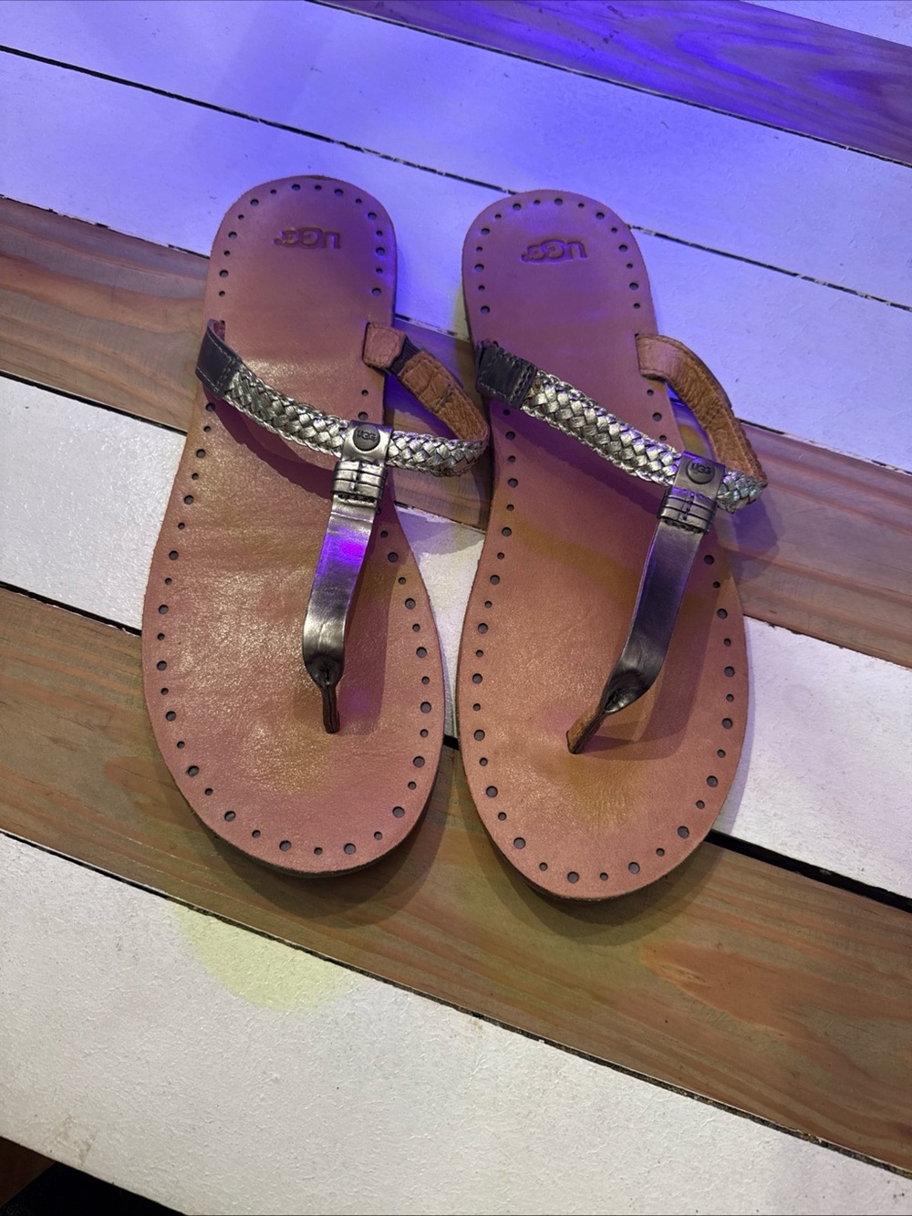 UGG Women's Metallic Braided Leather Toe-Post Sandals